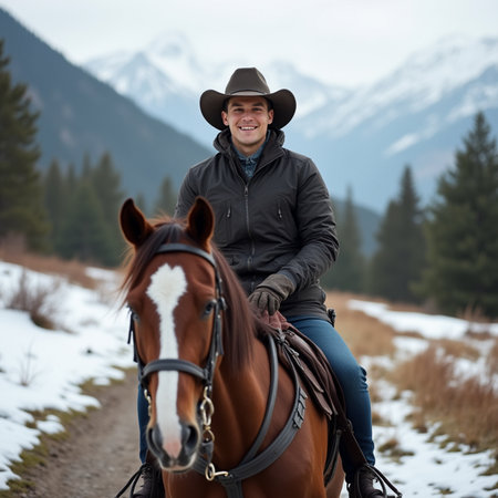 Young man riding a horse in the mountains on a cold winter dayの素材