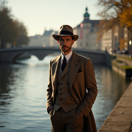 Handsome young man in a hat and coat on the embankment of the river.の素材