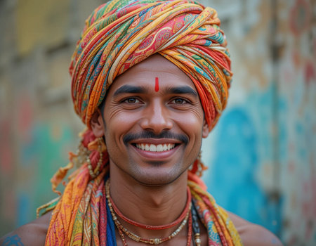 Portrait of a smiling Hindu man in the streetの素材