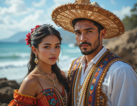 Portrait of a young couple in traditional clothes at the beach.の素材