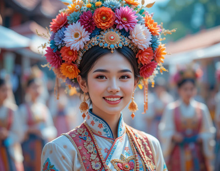 Thai woman in traditional costume at Yee Peng festival, Thailand.の素材