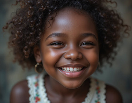 Portrait of a cute African American little girl smiling at cameraの素材