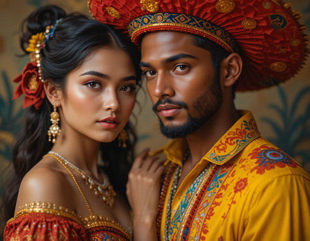 Indian couple in sari and Mexican sombreroの素材