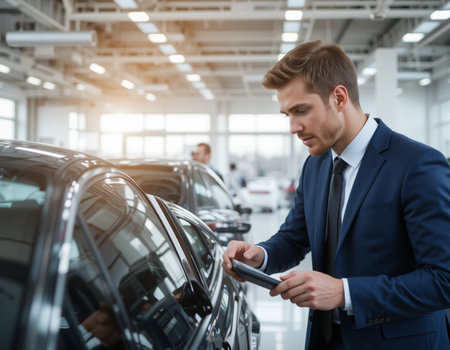 Handsome young man in suit is choosing new car in car dealership.の素材