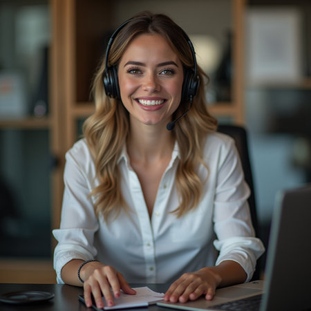 Portrait of young businesswoman using headset while sitting at desk in officeの素材