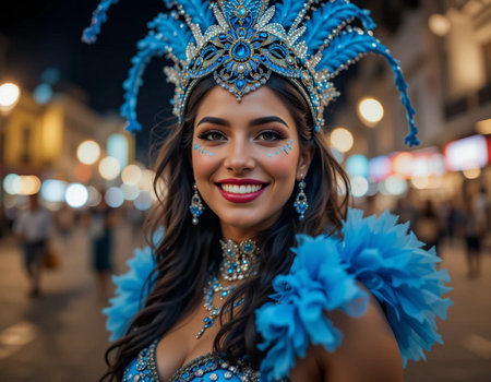 Portrait of a beautiful woman in a carnival costume on the streetの素材