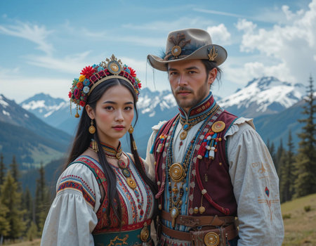 Unidentified man and woman in national costumes in the Altai mountains.の素材