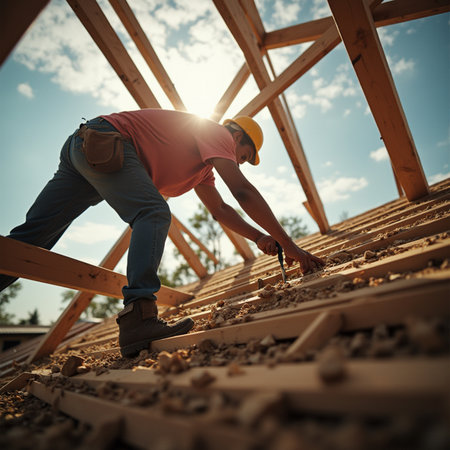 carpenter working on the roof of a new house with a hammerの素材