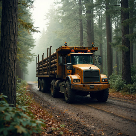 Truck on the forest road in a foggy autumn day.の素材