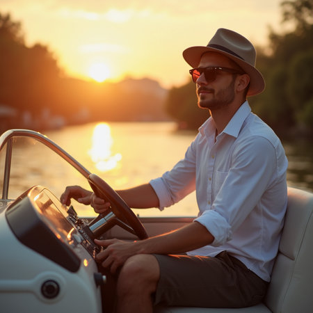 Handsome young man in hat and sunglasses driving a boat at sunsetの素材