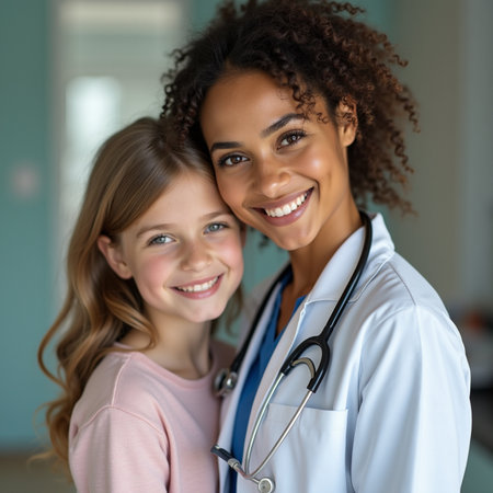 Portrait of smiling female doctor and little girl with stethoscopeの素材