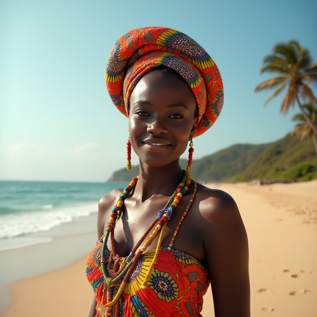 Beautiful african american woman in traditional clothes on the beachの素材