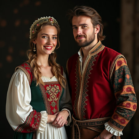 Portrait of a beautiful young couple in traditional Russian clothes.の素材