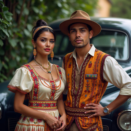 Portrait of a beautiful young couple in traditional clothes standing near vintage carの素材