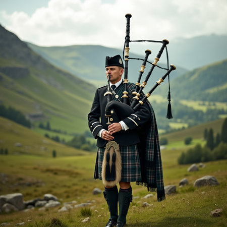 Scottish bagpipes player in traditional Scottish costume on mountain landscapeの素材