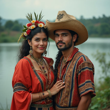 Young Indian couple wearing traditional clothes and posing in the countryside.の素材