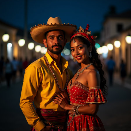 Mexican couple dancing in the streets of the old city at nightの素材