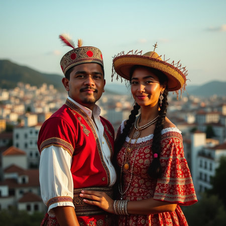 Portrait of a couple in traditional costume at sunset in the cityの素材