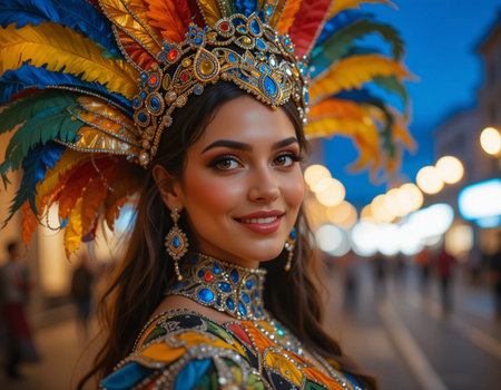Portrait of a beautiful brunette woman in a colorful carnival costume.の素材