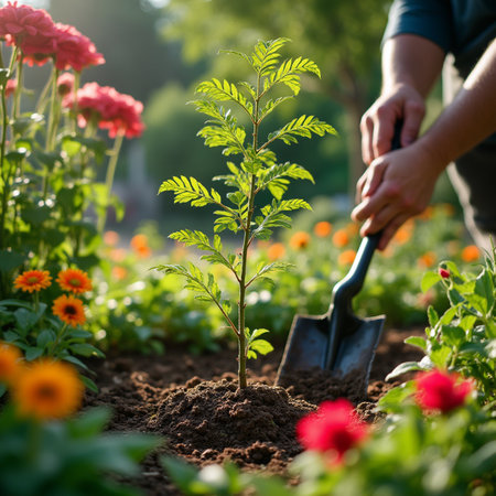 Gardener planting a tree in the garden. Gardening conceptの素材