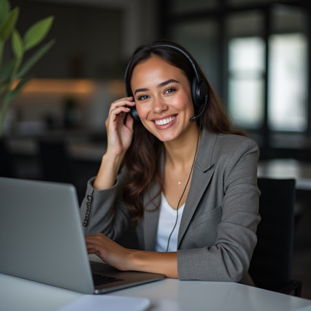 Portrait of young businesswoman with headset using laptop in office.の素材