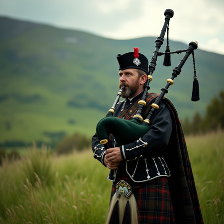 Scottish bagpiper playing the bagpipes in the fieldの素材