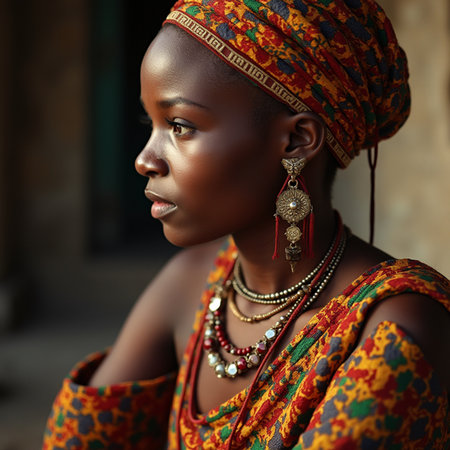 Portrait of a beautiful African woman in traditional clothes and jewelry.の素材