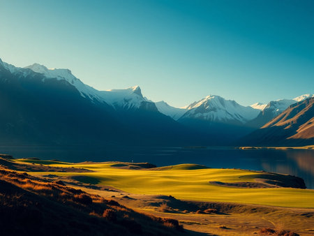 Beautiful landscape of New Zealand alps and lake at sunset.の素材