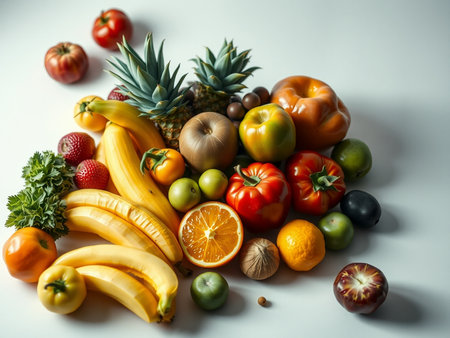 Fruits and vegetables on a white background. Healthy food concept.の素材