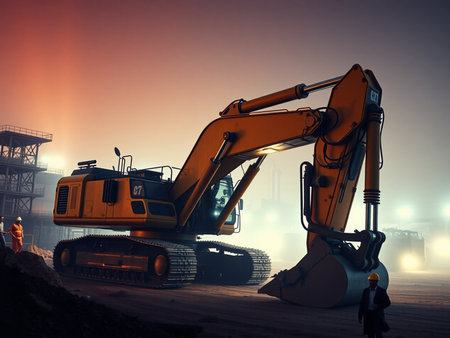 excavator in construction site. 3d render and toned imageの素材