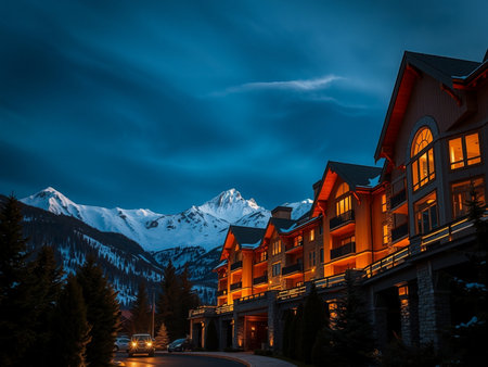 Sunset view of a beautiful alpine hotel in the mountains.の素材