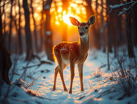Fallow deer in winter forest at sunset. Beautiful animal portrait.の素材