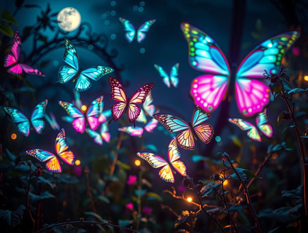 Butterflies in the garden on a background of the full moonの素材
