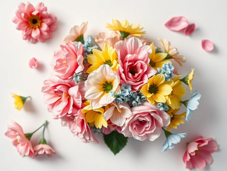 Beautiful bouquet of different flowers on white background, top viewの素材