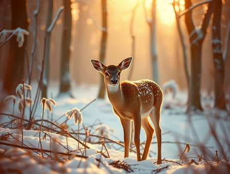 Fallow deer fawn in winter forest at sunset. Beautiful animal portrait.の素材