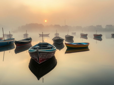 Fishing boats on the lake in the morning with fog and sunriseの素材