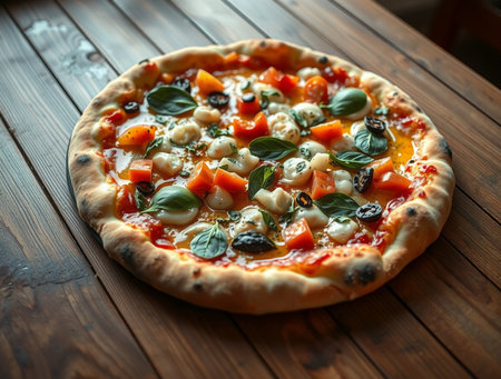 Pizza with mozzarella, tomato and basil on wooden tableの素材