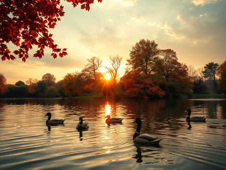 Autumn landscape with lake, trees and swans at sunset.の素材