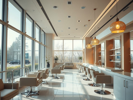 Interior of modern office waiting room with panoramic windows. 3d renderingの素材