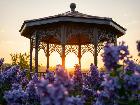 Lilac flowers and gazebo in the park at sunsetの素材