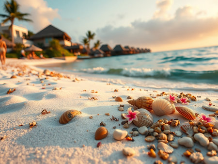 Seashells on tropical beach at sunset. Vacation conceptの素材