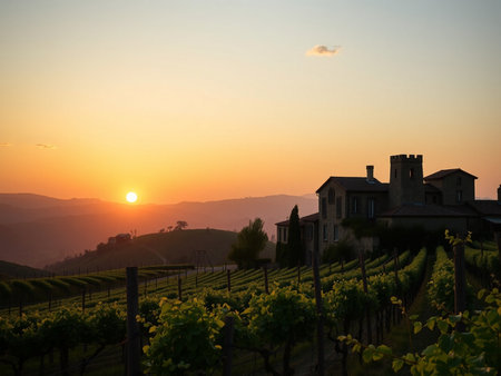Sunset over vineyards in Chianti, Tuscany, Italyの素材