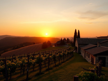 Sunset over vineyard in Chianti, Tuscany, Italyの素材