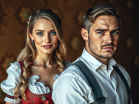 Portrait of a beautiful young couple in traditional Bavarian clothes.の素材
