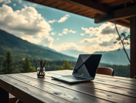 Laptop on a wooden table with a mountain view in the backgroundの素材