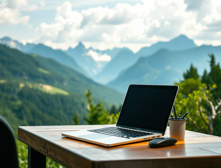 Laptop with blank screen on wooden table in front of mountains.の素材