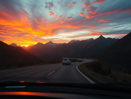 Driving on highway in Alaska at sunset, USA. View from inside the car.の素材
