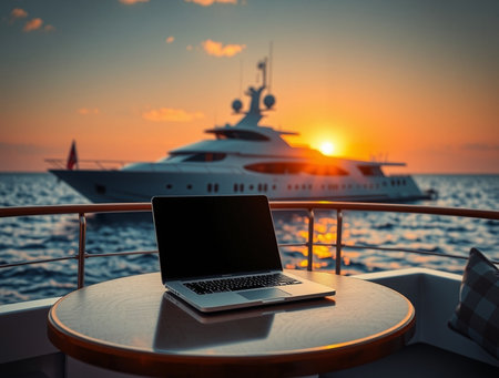 Laptop with blank screen on table in front of yacht at sunsetの素材