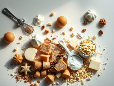 Ingredients for baking cake on a white background. Flat lay, top viewの素材