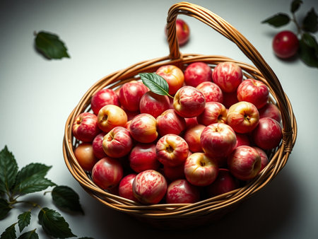 Red apples in a basket on a gray background. Toned.の素材